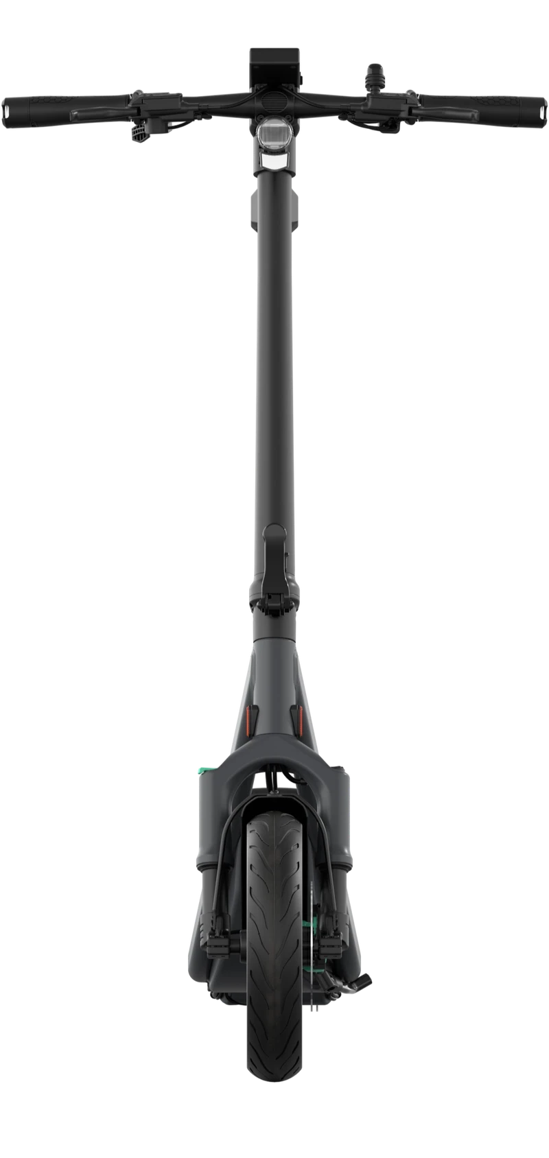 Egret GT E-Scooter Frontansicht mit breitem 13-Zoll-Reifen, Upside-Down Federgabel und LED-Frontlicht